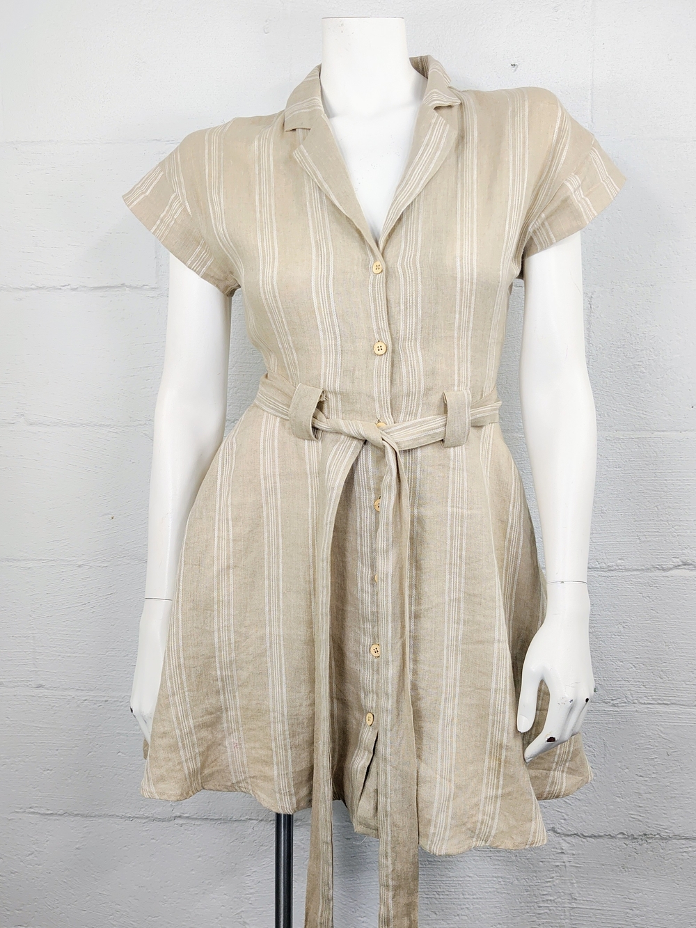 Miou Muse Linen Button Down  Striped Mini Shirt Dress